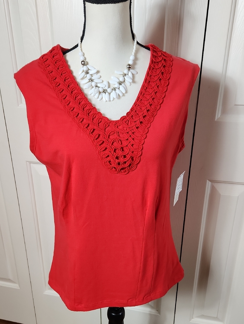 Peck & Peck Bright Red Sleeveless V-Neck Top with Crochet Trim